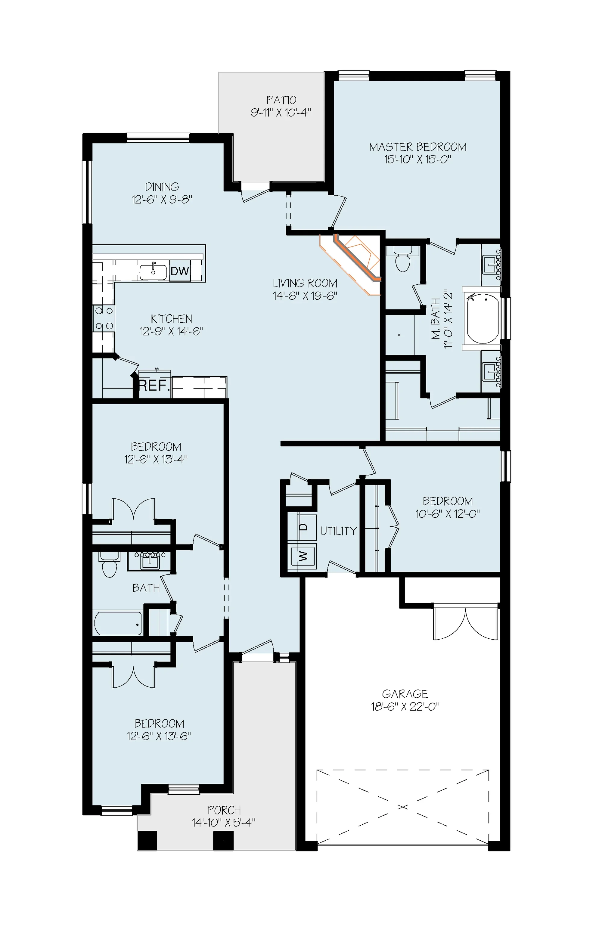 Floor plan of a house showing various rooms such as porch, bedrooms, bathrooms, kitchen, dining area, living room, utility room, garage, and outdoor patio with dimensions labeled.