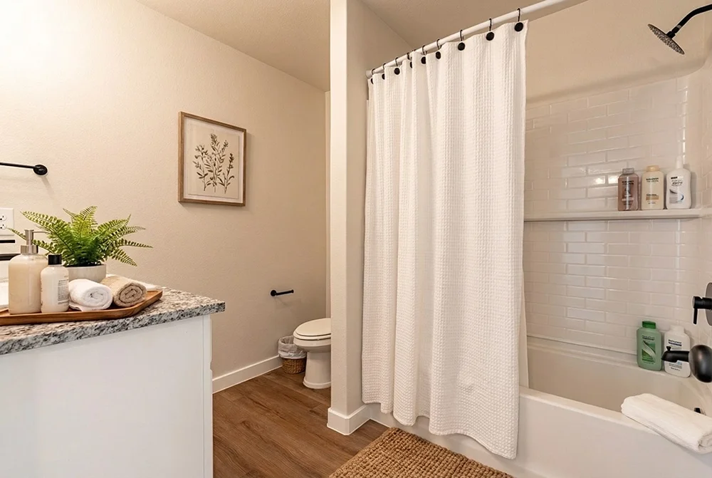 Bathroom with white tiled shower, beige curtains, toilet, vanity with plants and towels, and framed artwork on the wall.