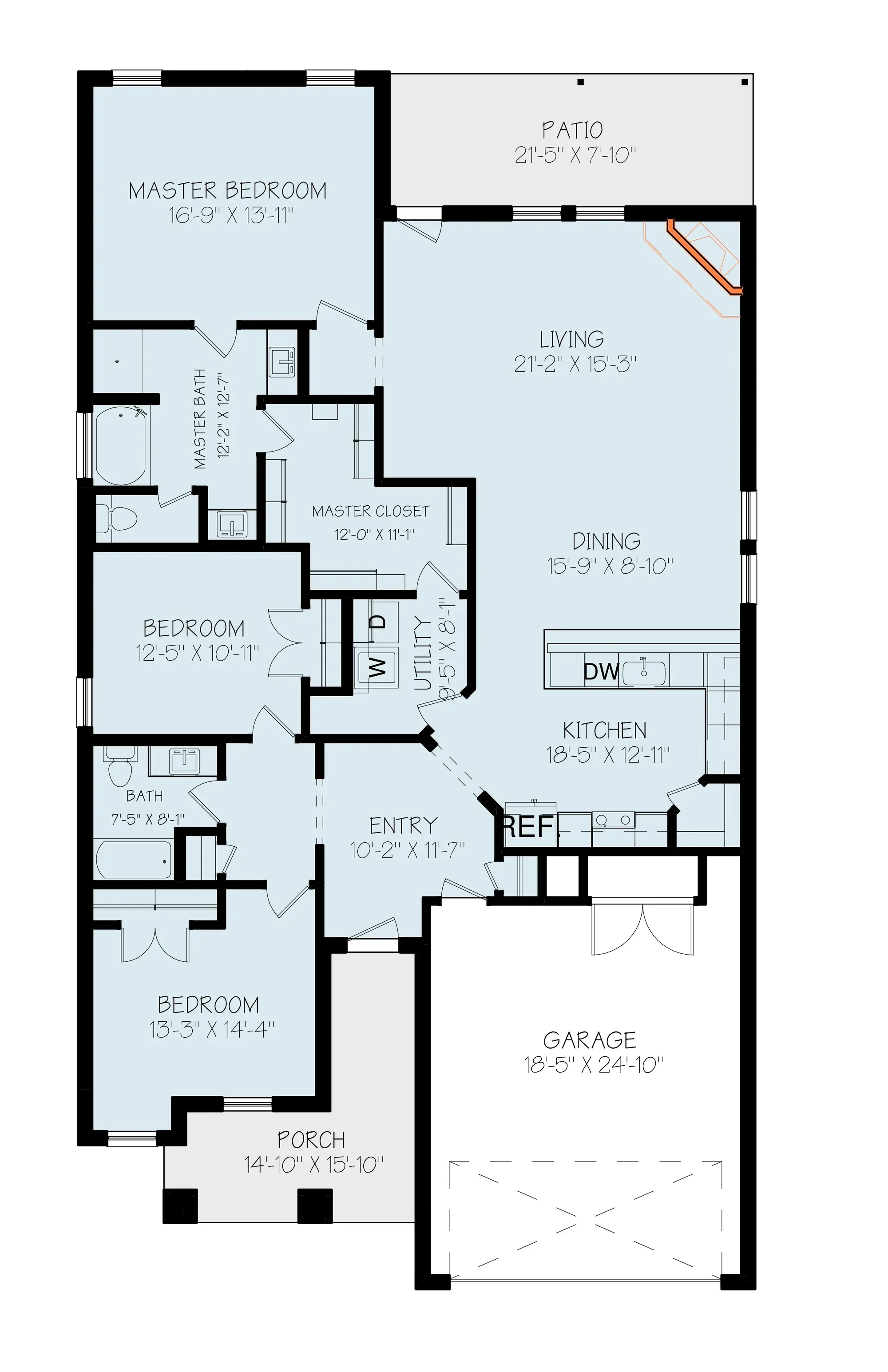 This is a detailed architectural floor plan of a house, including rooms such as bedrooms, bathrooms, a kitchen, a dining area, a living room, a utility room, a porch, a garage, and a patio, with measurements specified for each space.