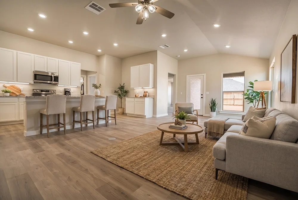 Open-concept living room and kitchen with light-colored furniture, hardwood floors, ceiling fan, and large windows letting in natural light.