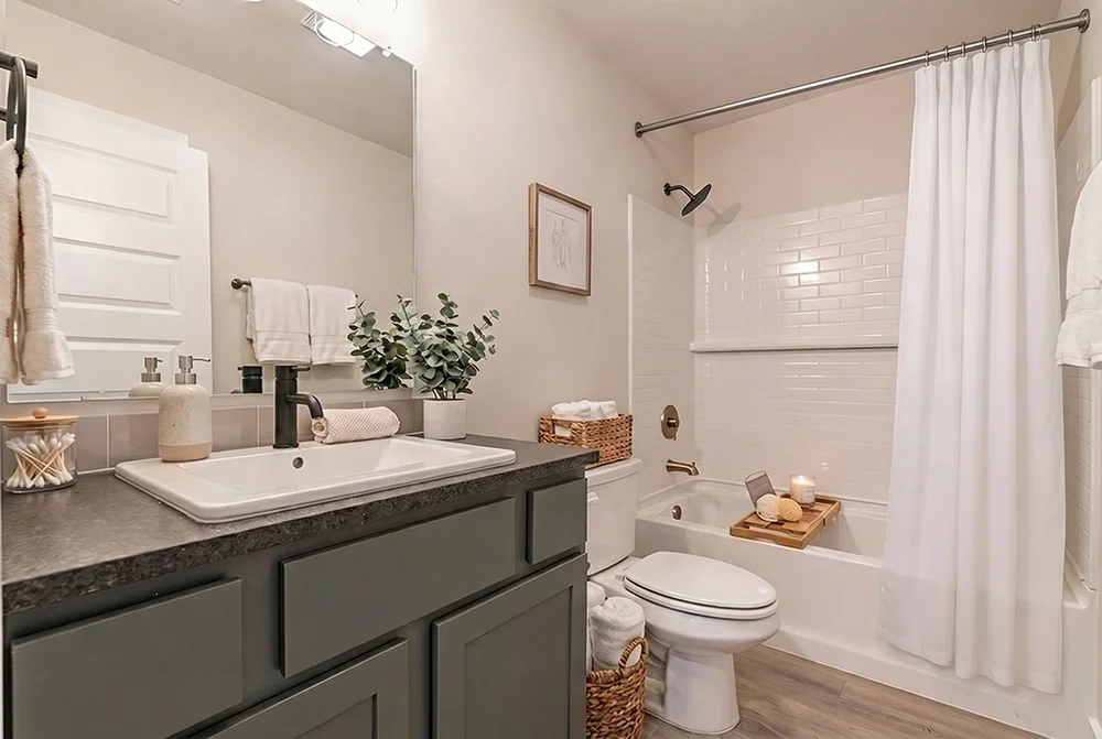 Bathroom with a dark countertop vanity, white sink, and a large mirror, next to a bathtub with a shower curtain, candles, and a tray, decorated with towels, a plant, and framed artwork.