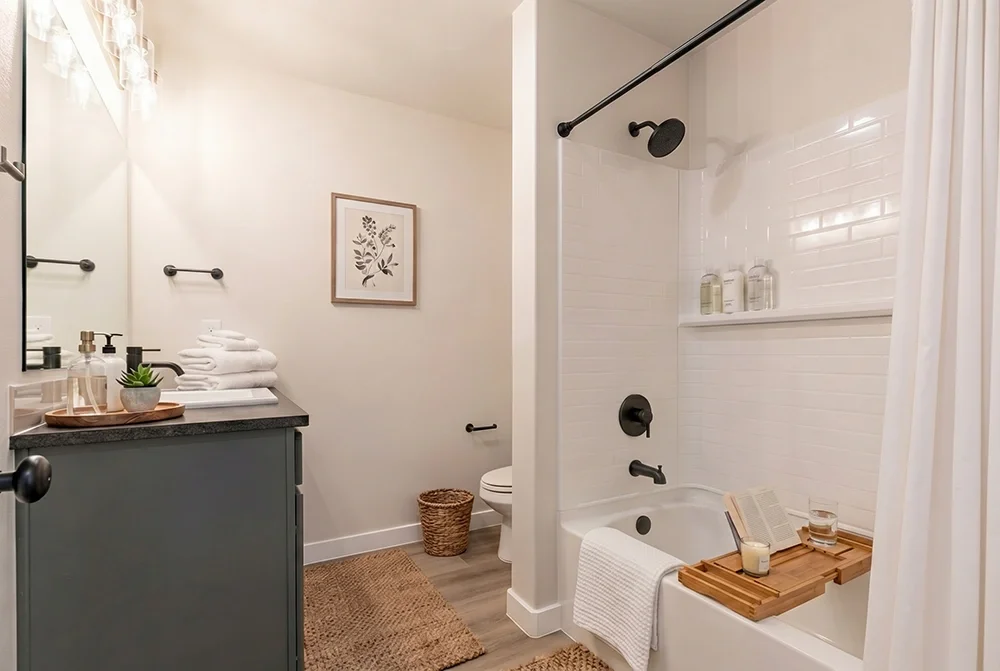 Bathroom with a vanity, mirror, towel rack, framed art, toilet, wicker basket, bathtub with a shower curtain, shelf with toiletries, bath tray with candle, book, and glass of water.
