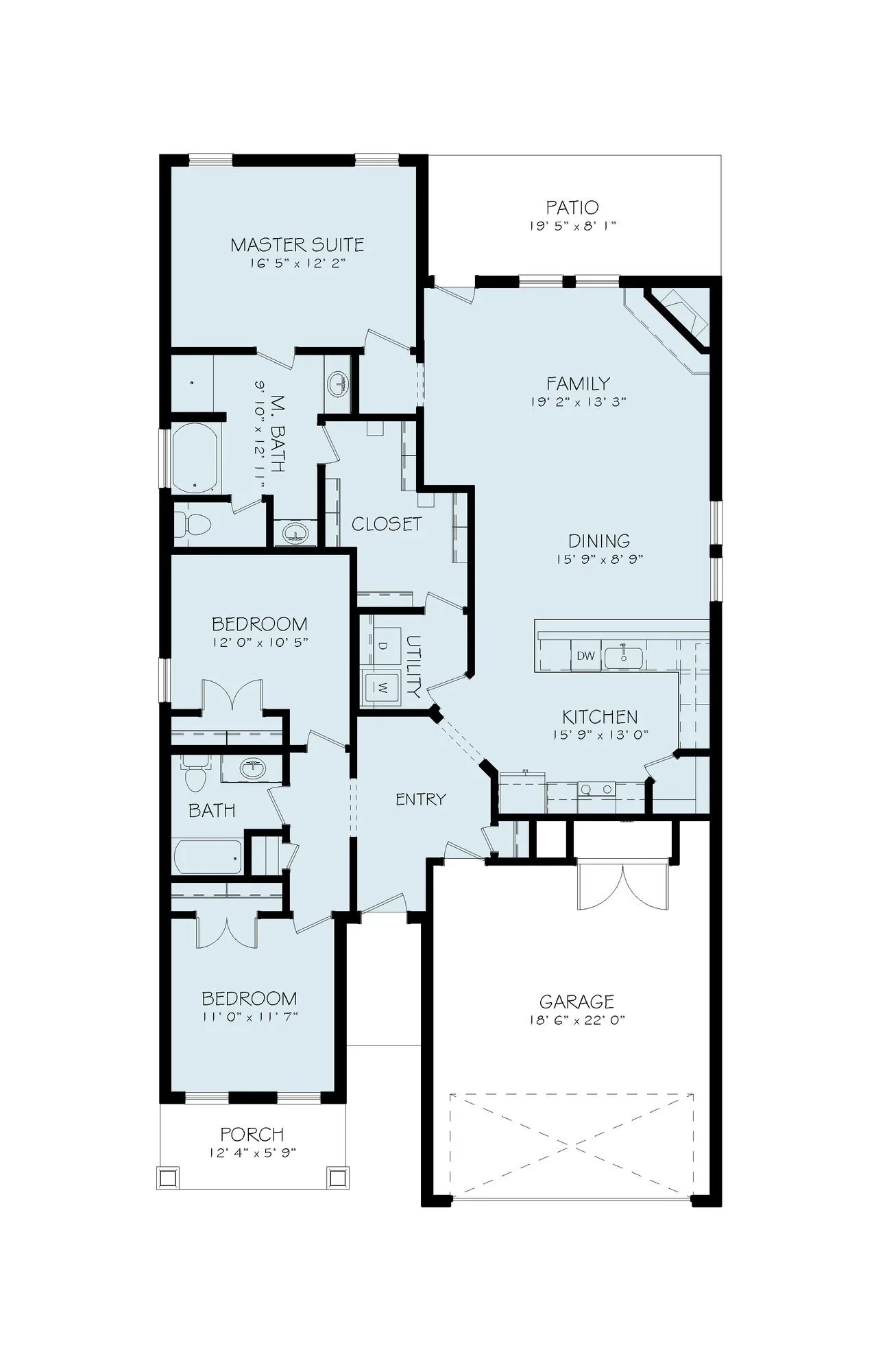 Floor plan of a house with labeled rooms including porch, two bedrooms, two bathrooms, utility room, closet, entry, garage, kitchen, dining, family room, patio, master suite, and a second bedroom.