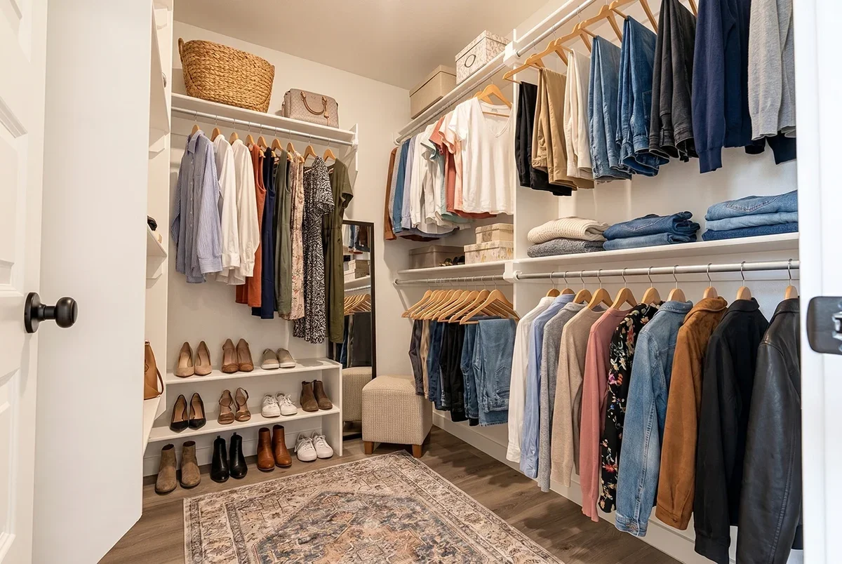 A spacious closet with hanging clothes on white racks, shelves with folded jeans and sweaters, and a shoe rack with various shoes, a mirror, a small beige ottoman, and a decorative rug on the floor.