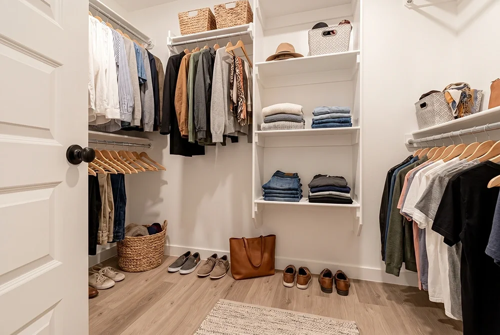 A walk-in closet with shelves of folded clothing, hanging shirts and pants, storage baskets, and shoes on the floor.