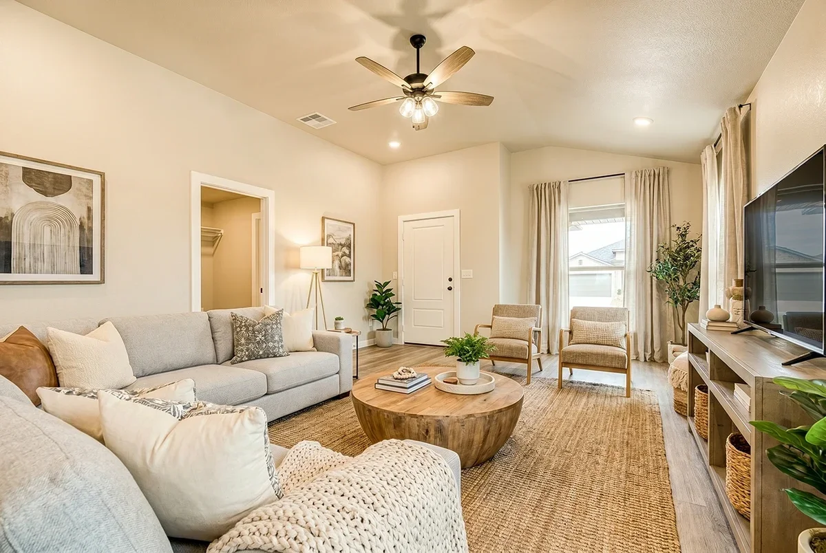 A bright and cozy living room with a beige sofa, patterned and plain pillows, a wooden coffee table with a potted plant and books, two beige armchairs near a window with curtains, a large flat-screen TV on a console, a floor lamp, plants, and artwork