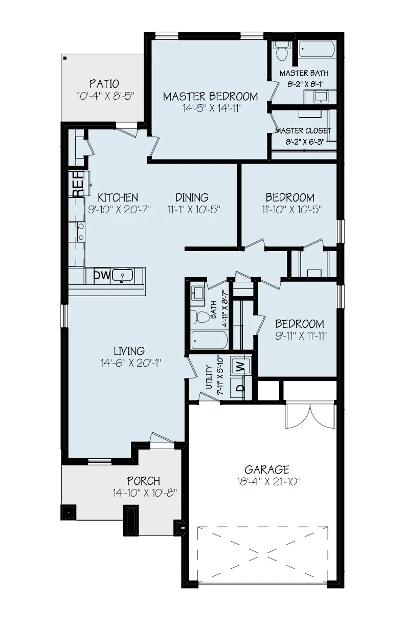 Floor plan of a house with rooms labeled as porch, living, utility, bathroom, bedrooms, kitchen, dining, master bedroom, master bath, master closet, patio, and garage, with dimensions provided for each area.
