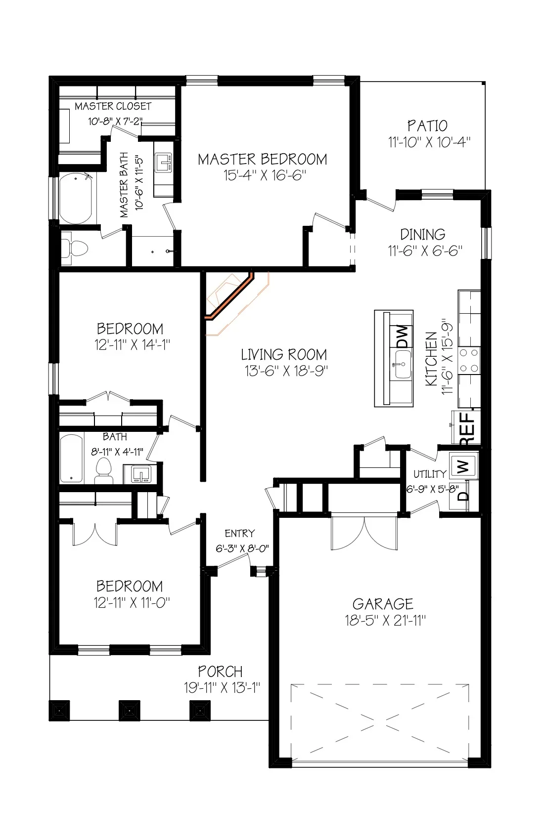 Floor plan of a house with labeled rooms, including a porch, entrance, multiple bedrooms, bathrooms, living room, kitchen, dining area, utility room, garage, patio, and closets.