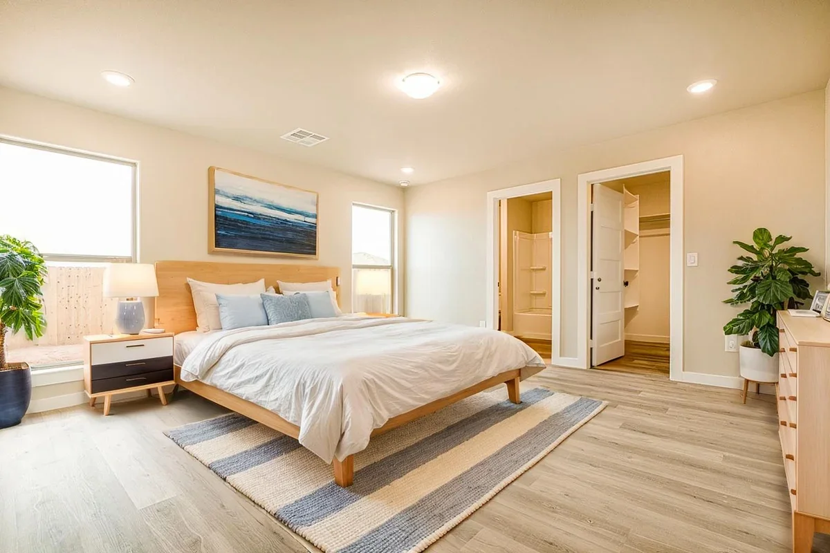 A bright, modern bedroom with a wooden bed, white bedding and pillows, two nightstands with lamps, a framed landscape painting, plants, a colorful striped rug, and two open doors leading to a walk-in closet and bathroom.