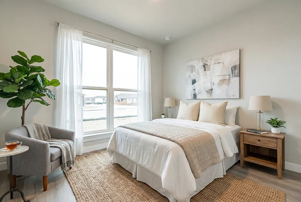A bright, modern bedroom with a large window, a bed with beige and white bedding, and minimalistic decor, including two lamps, a piece of abstract wall art, a wooden nightstand, a small potted plant, a gray armchair with a blanket, and a tea cup on a