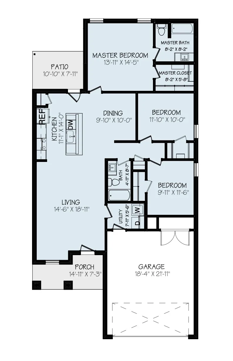 Floor plan of a house showing a porch, living room, kitchen with a refrigerator and dishwasher, dining area, utility room, bathroom, three bedrooms, two bathrooms, a master bedroom with an en suite, and a garage.