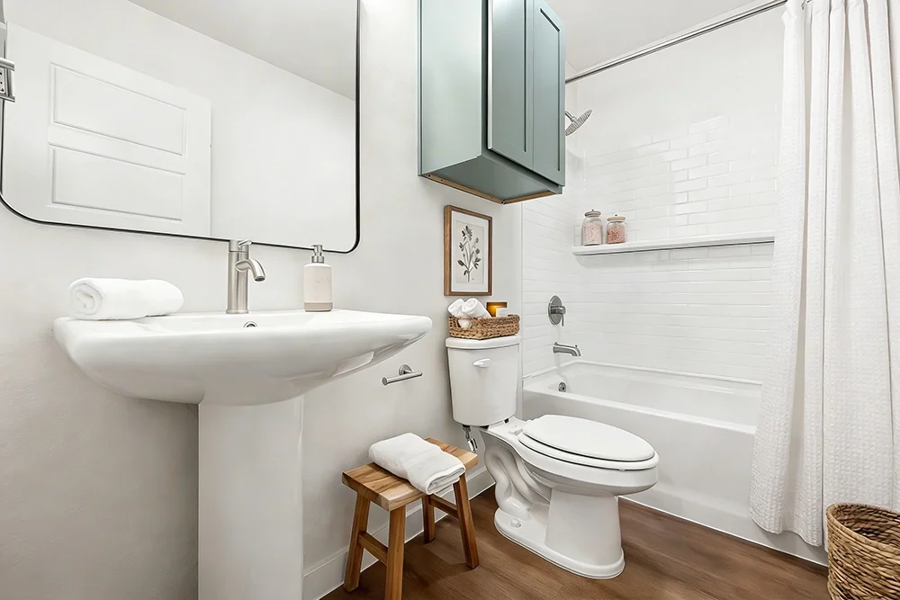 A clean, modern bathroom with a pedestal sink, a mirror, a toilet, a bathtub with a shower, storage cabinet, and decorative bottles.