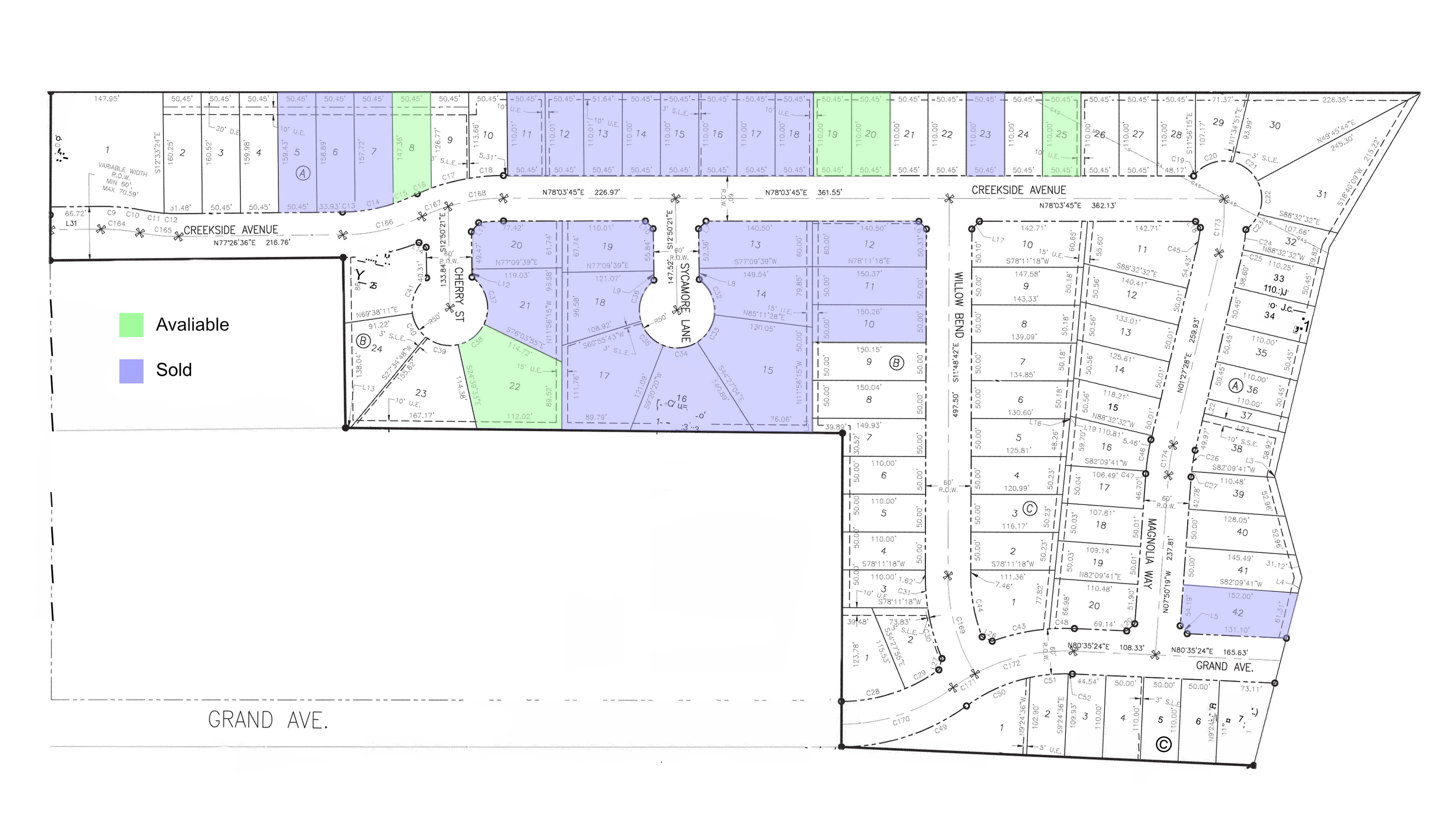 A detailed plot map showing various lot boundaries, measurements, and street names, with some lots marked as sold in purple and available in green.