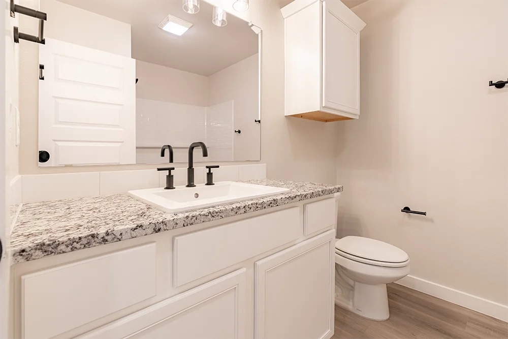 Bathroom with white vanity, granite countertop, and a white toilet. Mirror above the sink, cabinet on the wall, and beige walls with wood-look flooring.