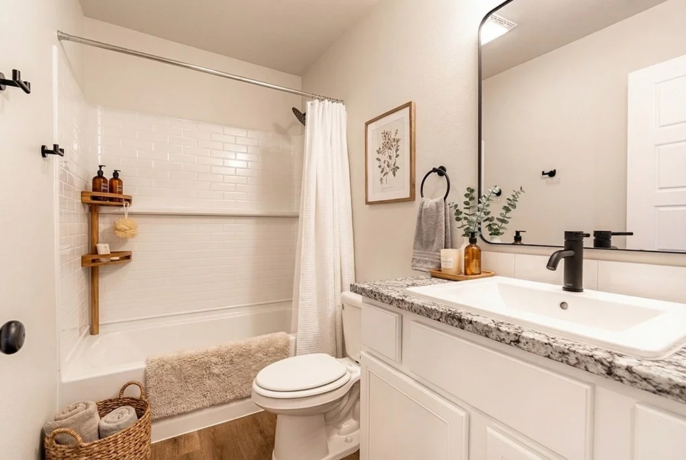 Bathroom with white tile shower, granite countertop vanity, mirror, framed artwork, towel ring with towel, soap dispenser, plant, and woven basket with towels.