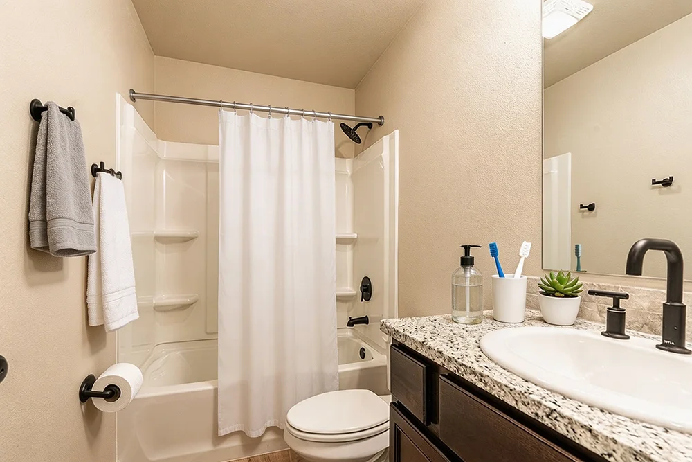 Bathroom with shower and bathtub, white shower curtain, dark towel hooks with gray and white towels, granite countertop with sink, toothbrushes, hand soap, and small potted plant, wall mirror, beige walls.