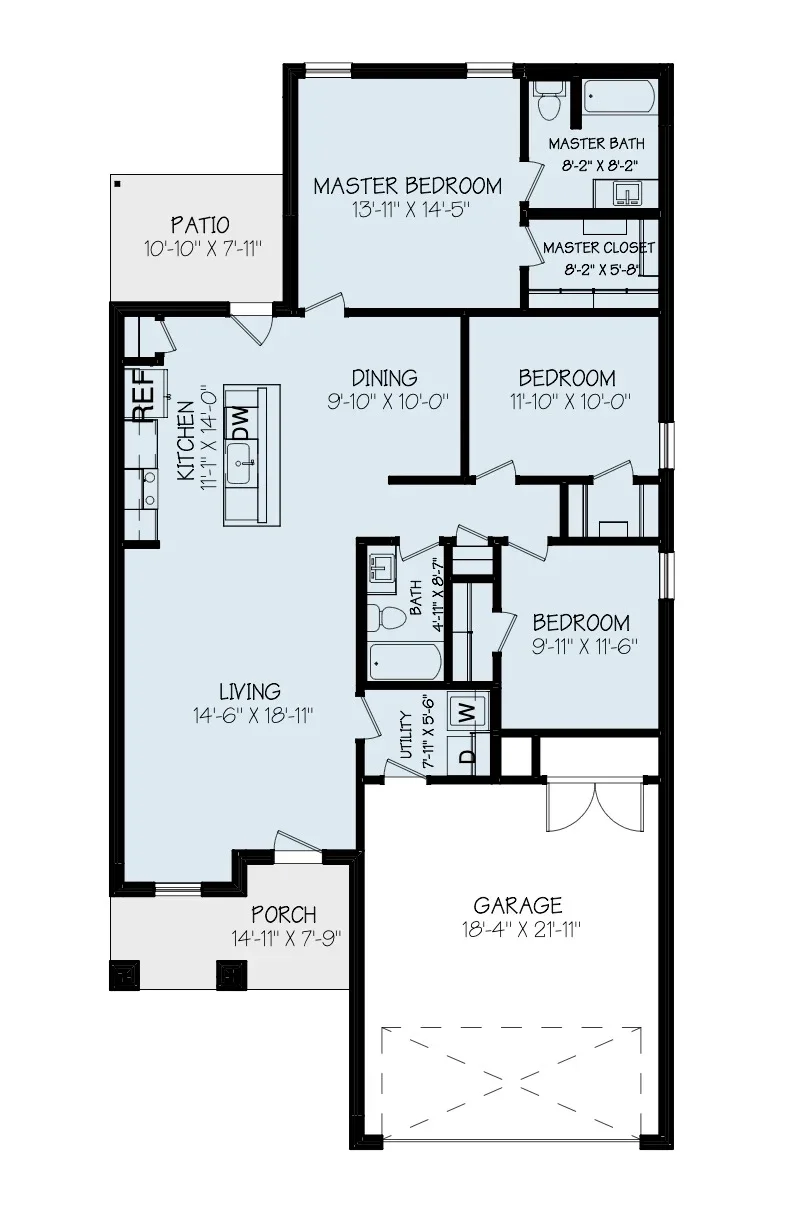 Floor plan of a house with labeled rooms including a master bedroom, master bath, master closet, patio, two additional bedrooms, a bathroom, living room, kitchen, dining area, utility room, porch, and garage.