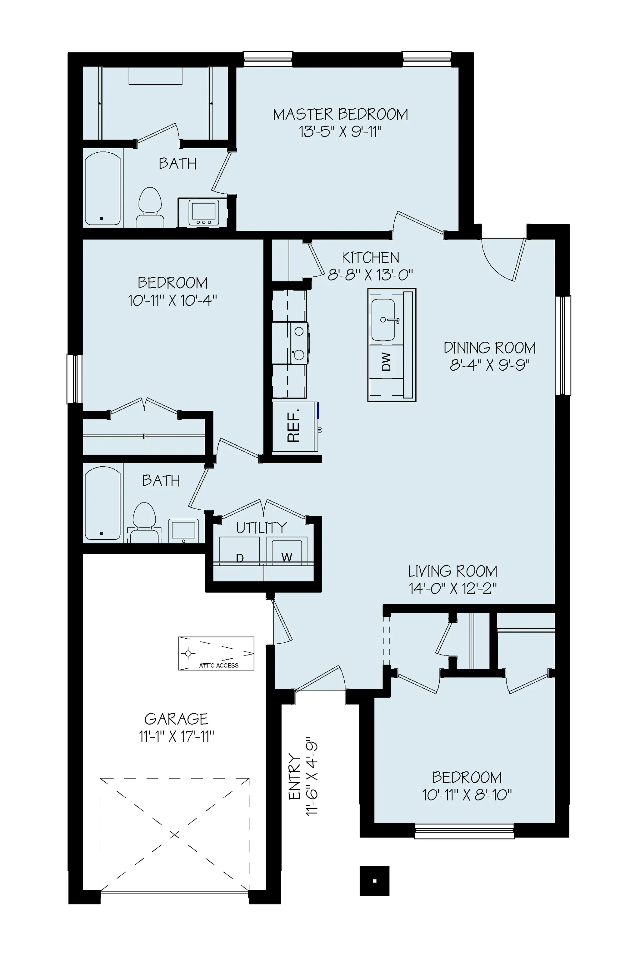 A detailed house floor plan with labeled rooms including two bedrooms, two bathrooms, a kitchen with a central island, a dining room, a living room, utility area, garage, and entryway, with measurements for each space.