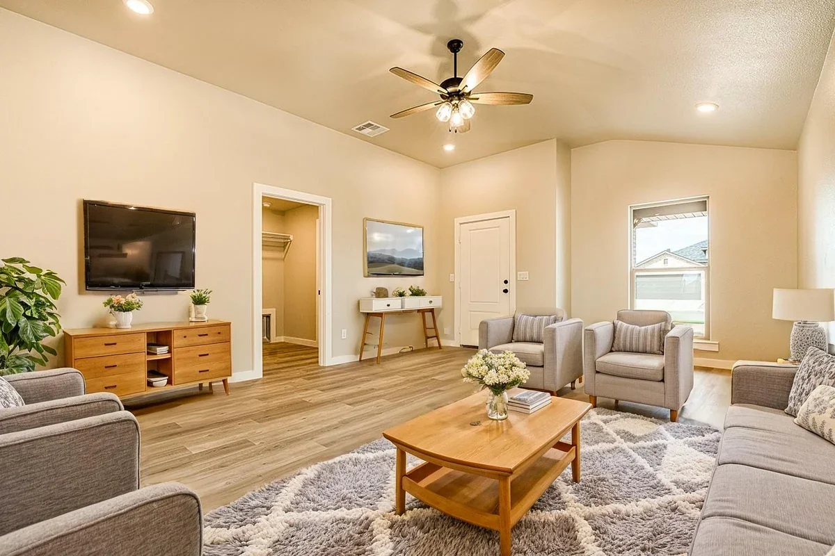 A spacious living room with beige walls, a ceiling fan, a mounted television, a wooden media console, a carpeted area, a gray sofa, two armchairs, a coffee table with a flower vase, window with a view of neighboring houses, and decorative houseplants