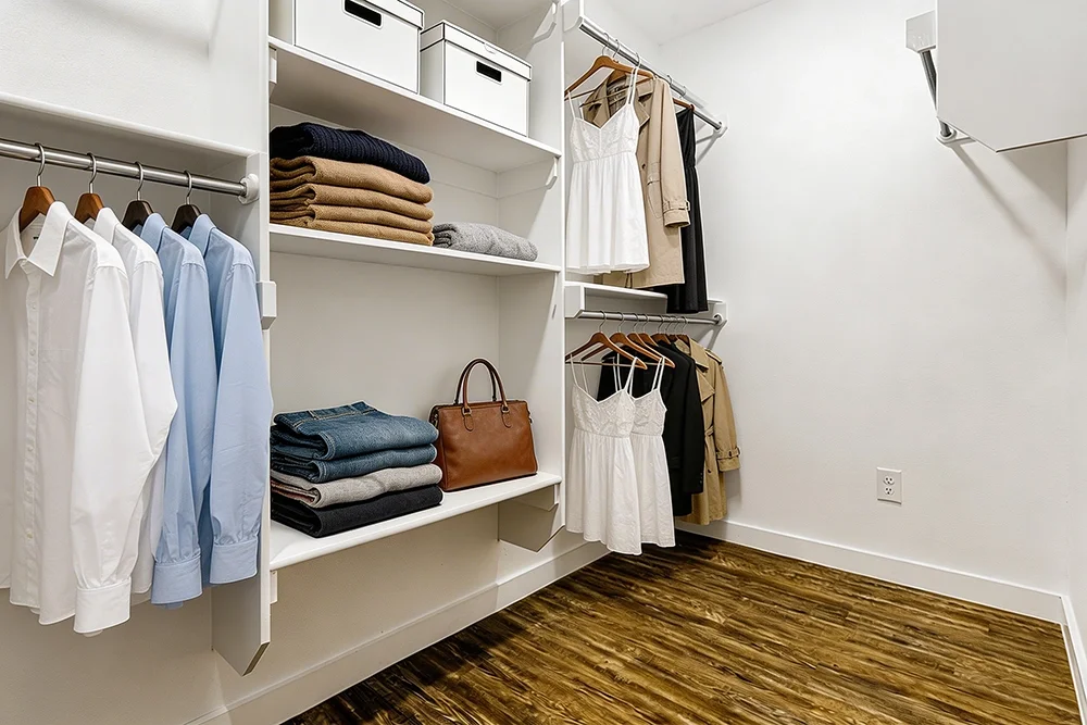 Empty walk-in closet with white shelves and hanging clothes, including shirts, sweaters, dresses, and jackets. Some folded clothes and a brown handbag are on the shelves. The floor is wood, and the walls are white.