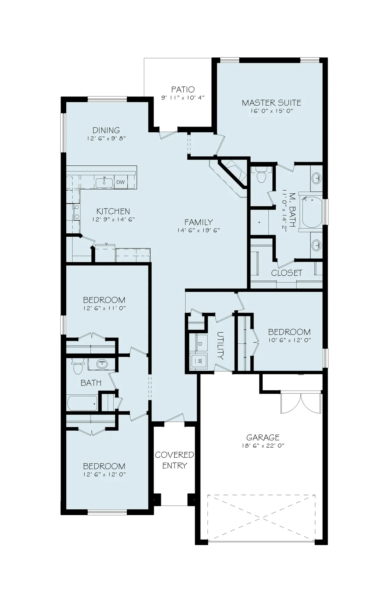 Floor plan of a house showing multiple rooms including bedrooms, bathrooms, kitchen, dining, family room, utility room, garage, covered entry, and outdoor patio.