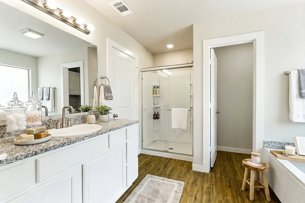 Bathroom with white vanity, granite countertop, glass shower enclosure, and wooden floor.