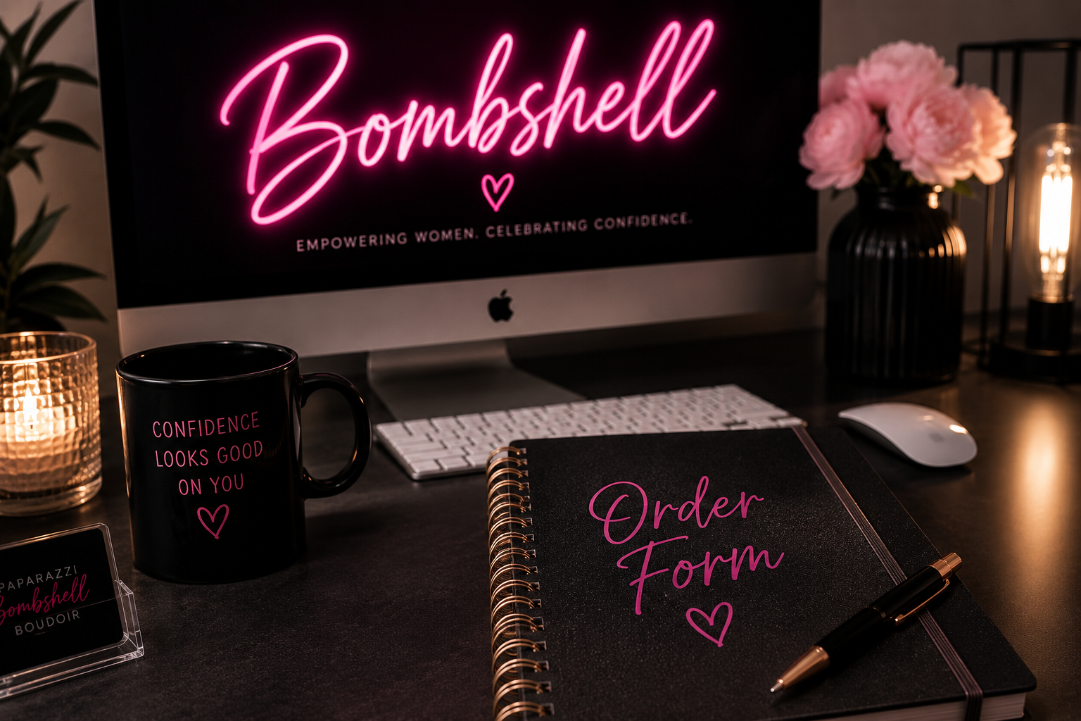 Desk setup featuring a computer monitor with a neon sign reading 'Bombshell' and a subtitle 'Empowering women. Celebrating confidence.' A black coffee mug with the words 'Confidence Looks Good on You' and a heart, a spiral notebook labeled 'Order Form' with pink writing and a heart, a pen, a white computer mouse, a small sign with the word 'Bombshell' and 'BOUDOIR', a black vase with pink peonies, a lit candle, and a lamp.