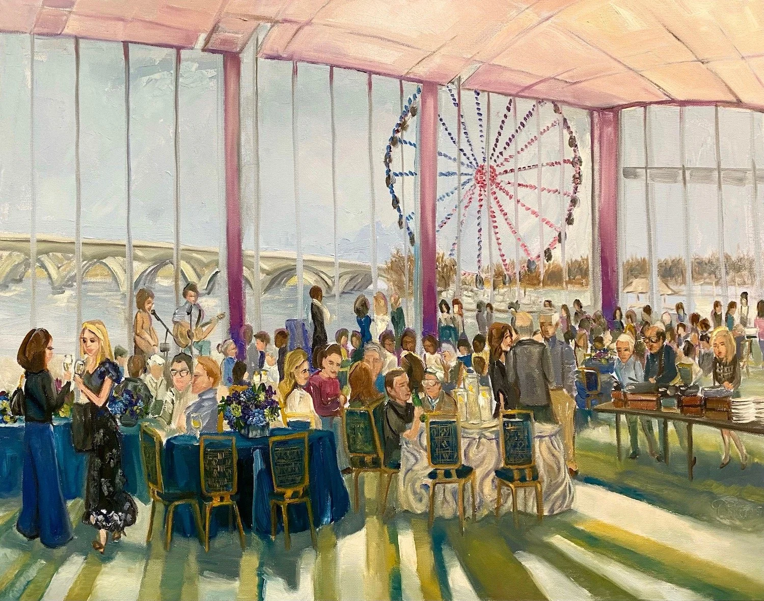 painting of an event in a venue with lots of windows and a ferris wheel in the background