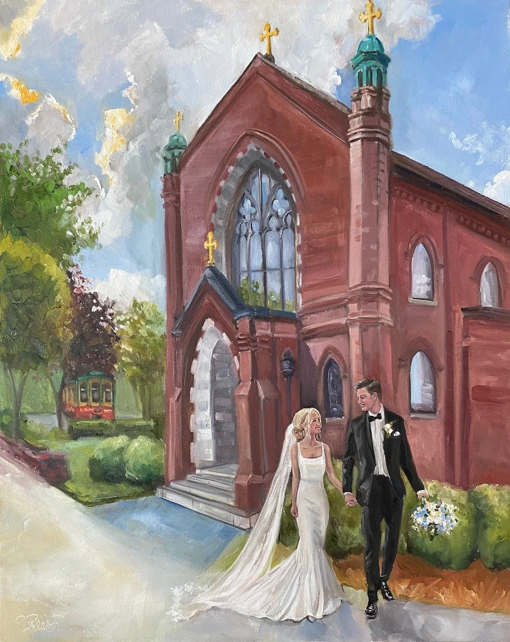 bride and groom painting in front of church