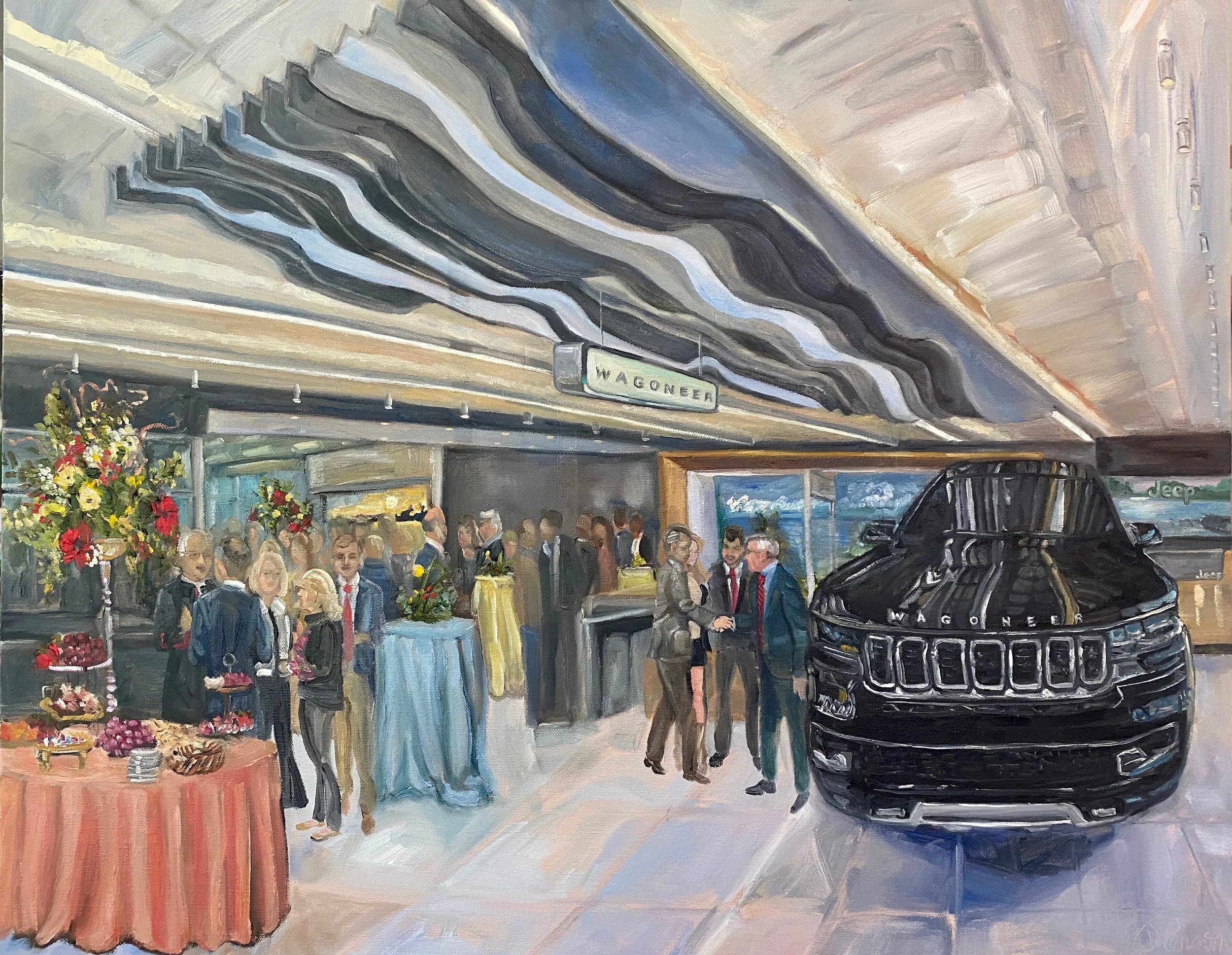 Painting of the showroom at JT's Jeep with guests and decore