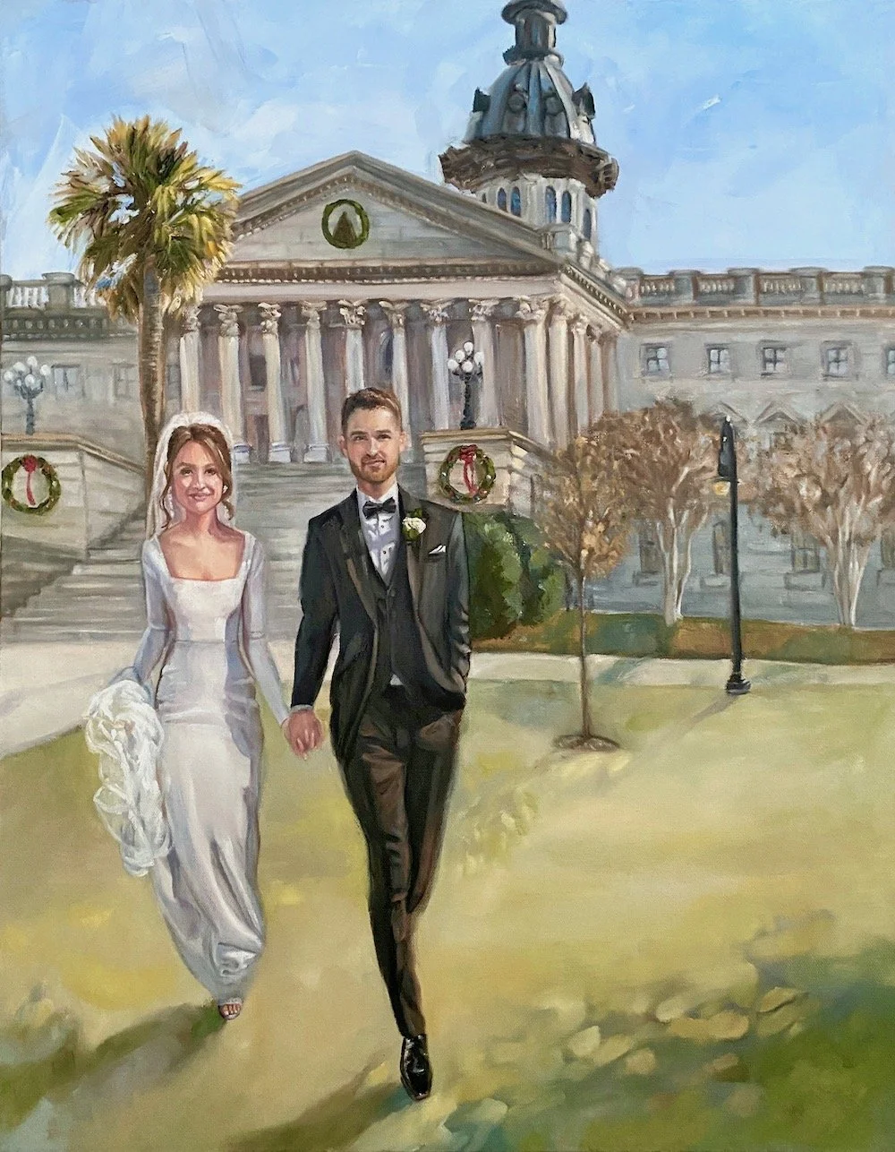 A painting of a bride and groom walking hand in hand with the SC State House in the background