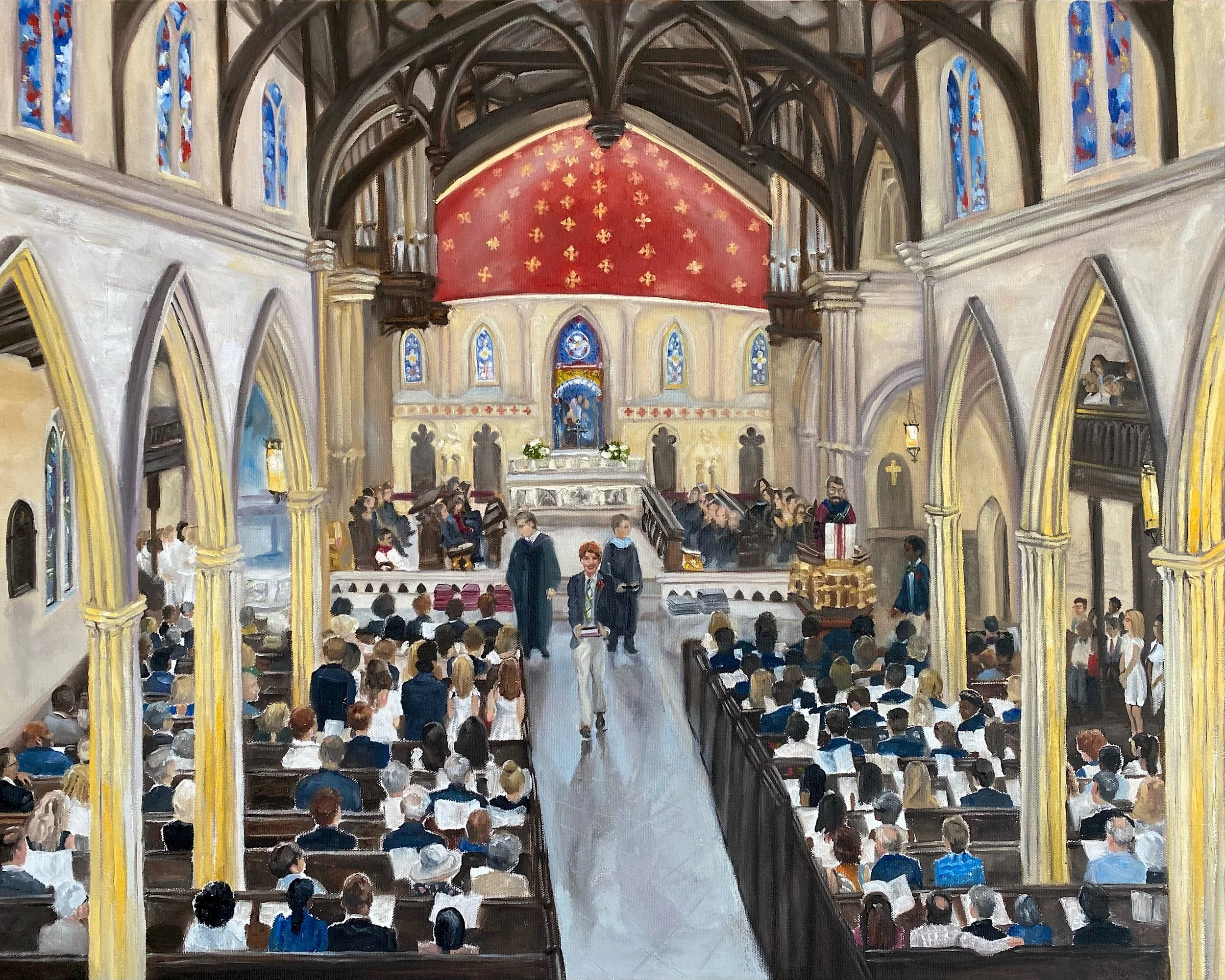 A painting of a graduation ceremony in a beautiful chapel