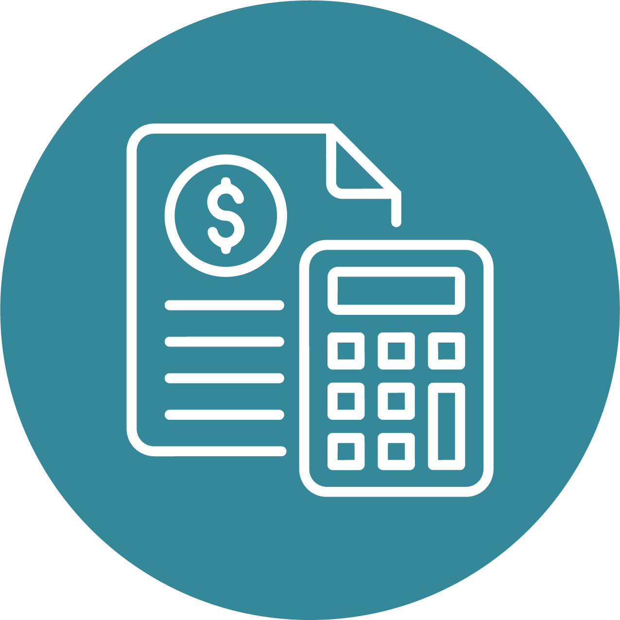 Line drawing of financial documents, a calculator, and a dollar sign, representing accounting or budgeting.