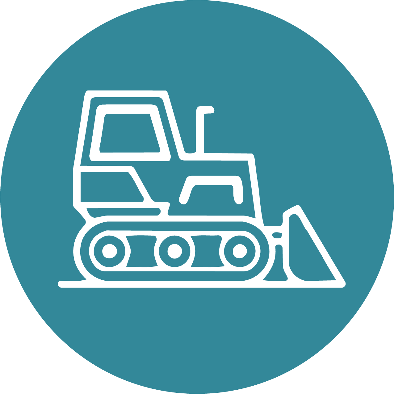 Icon of a bulldozer with a blade on the front, depicted in white lines on a teal circular background.