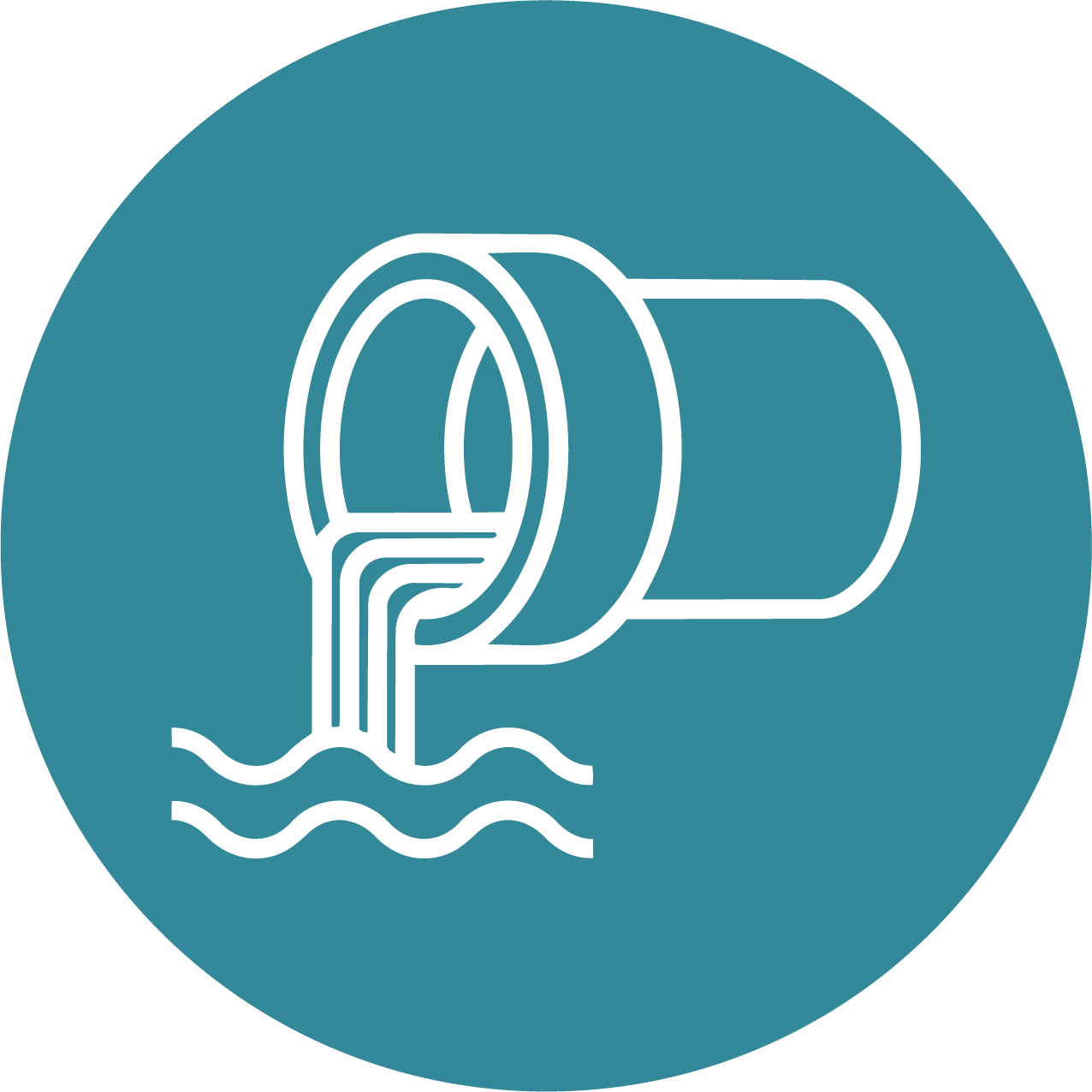 Icon of a pipe with water leaking from it, spilling into water below.