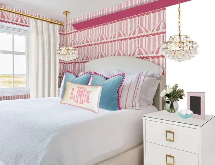 💖✨ Tween dreams come true in these bedroom designs!
🛏️ Room one leans into elegance with scalloped pink-and-white wallpaper and crystal chandeliers that sparkle above the bed. It blends classic beauty with a touch of glam. 💎 Room 2 features a play