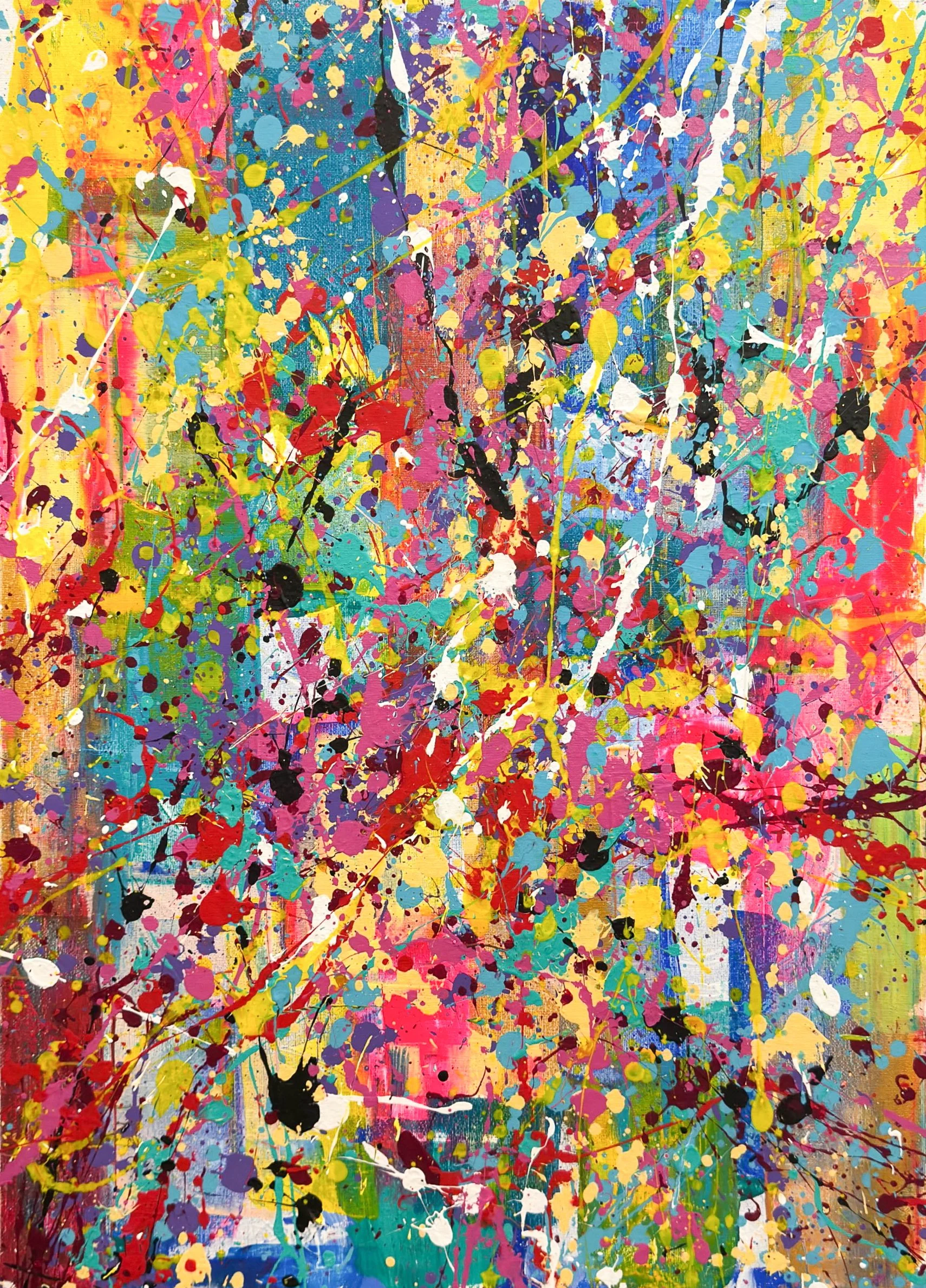 Abstract painting with colorful splatters and drips in yellow, blue, red, pink, green, and black on canvas.