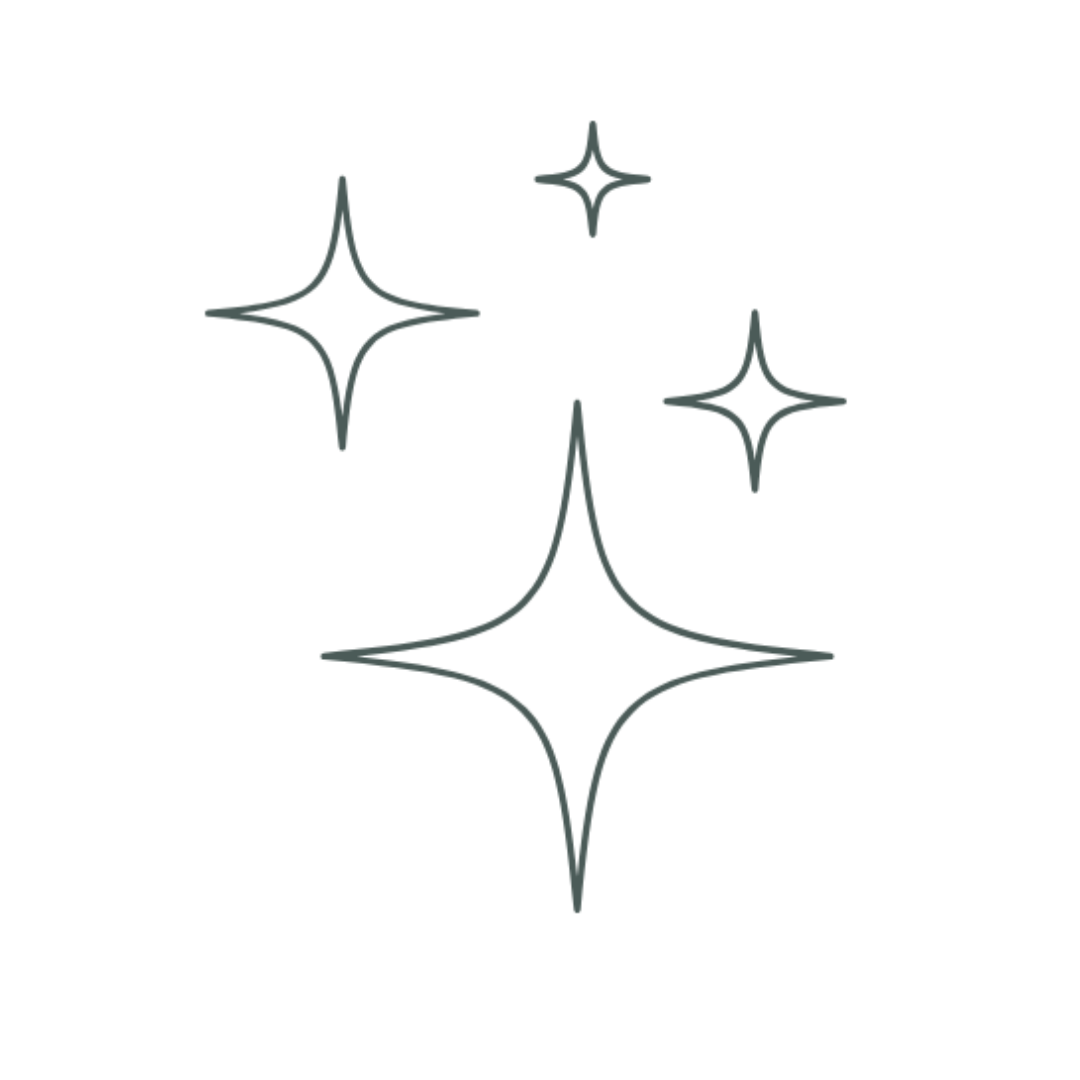 Outline drawing of four sparkling stars on a black background