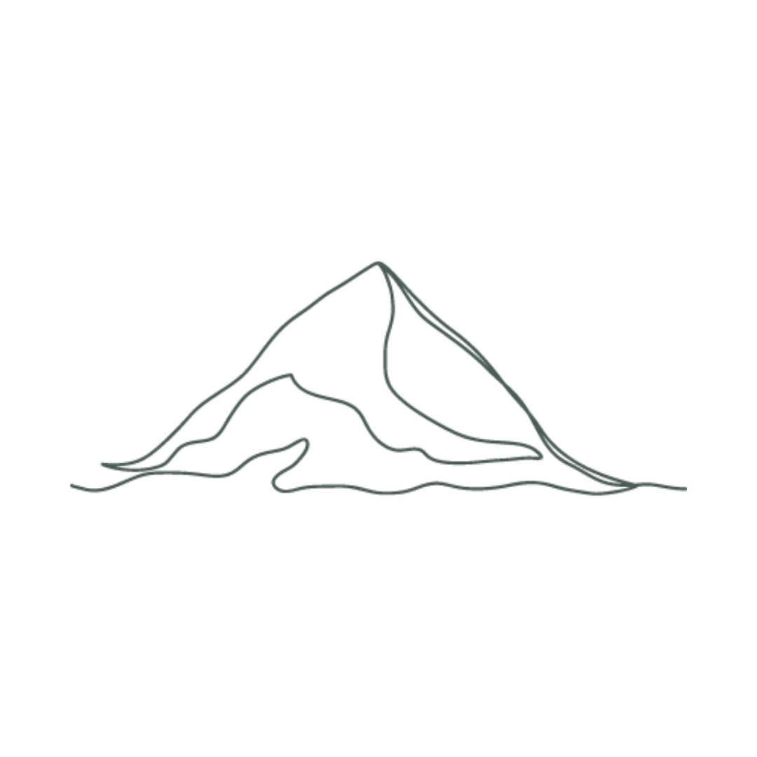 Line drawing of a mountain with a winding trail leading up to the summit, depicted in simple black lines on a white background.