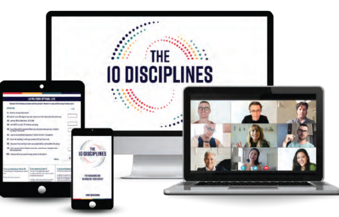 Computer and tablet screens displaying a virtual meeting and graphics titled 'The 10 Disciplines' for online learning or presentation.