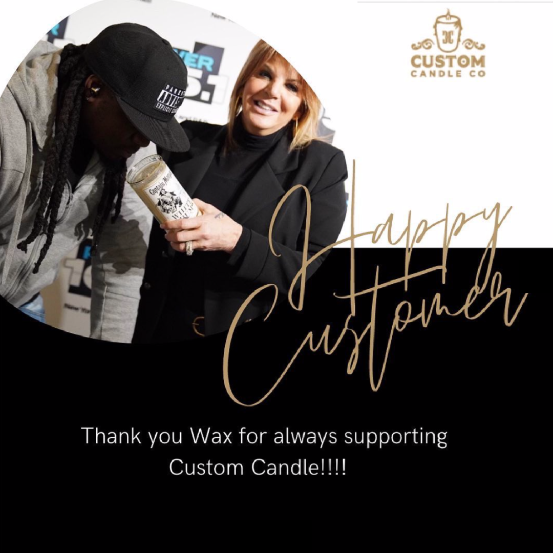 Marcie and Wax are pictured with a Custom Candle. The post says "Thank you Wax for always supporting Custom Candle!!!!!!"
