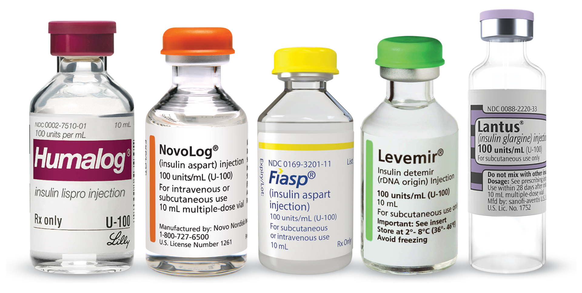 Five bottles of insulin medications, including Humalog, NovoLog, Fiasp, Levemir, and Lantus, lined up side by side.