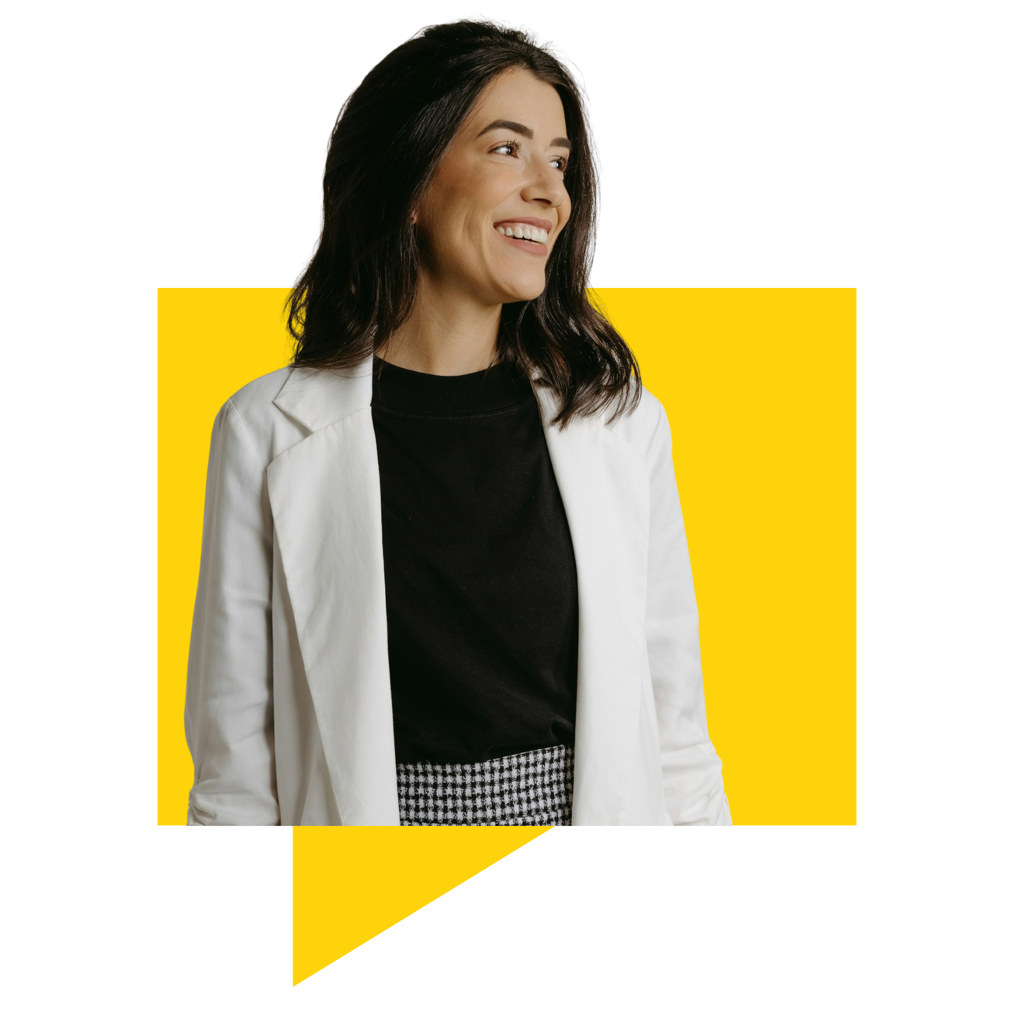A smiling woman with dark brown hair wearing a white blazer over a black top, standing in front of a yellow and black background.