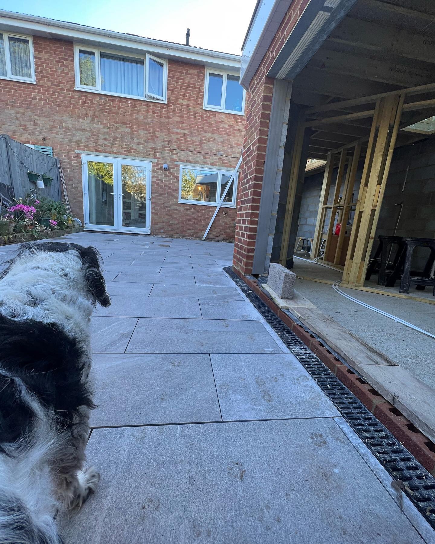 Someone inspected our patio and extension work over the weekend, porcelain slabs went down last week with grout completed this morning 
While the extension, we are waiting for plumbing and electrician to install . #inspiration #extensions #learning #