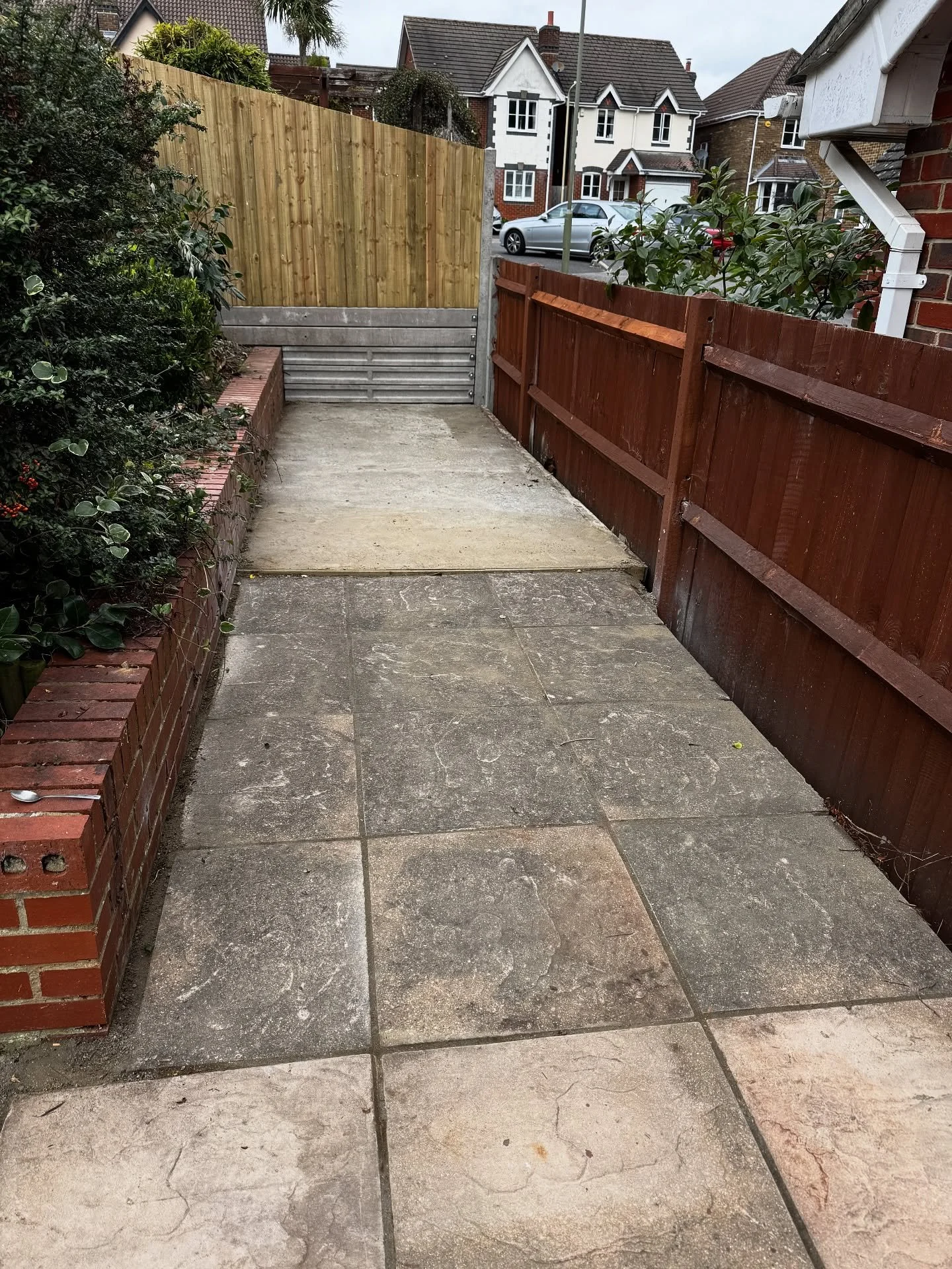 No job big or too small 
Clearing the site taking down old pergola and old fencing 
Replacing with new pannels , concrete posts and concrete gravel boards .
Fresh new concrete base installed ready for shed to be built and slabs relayed onto new subas