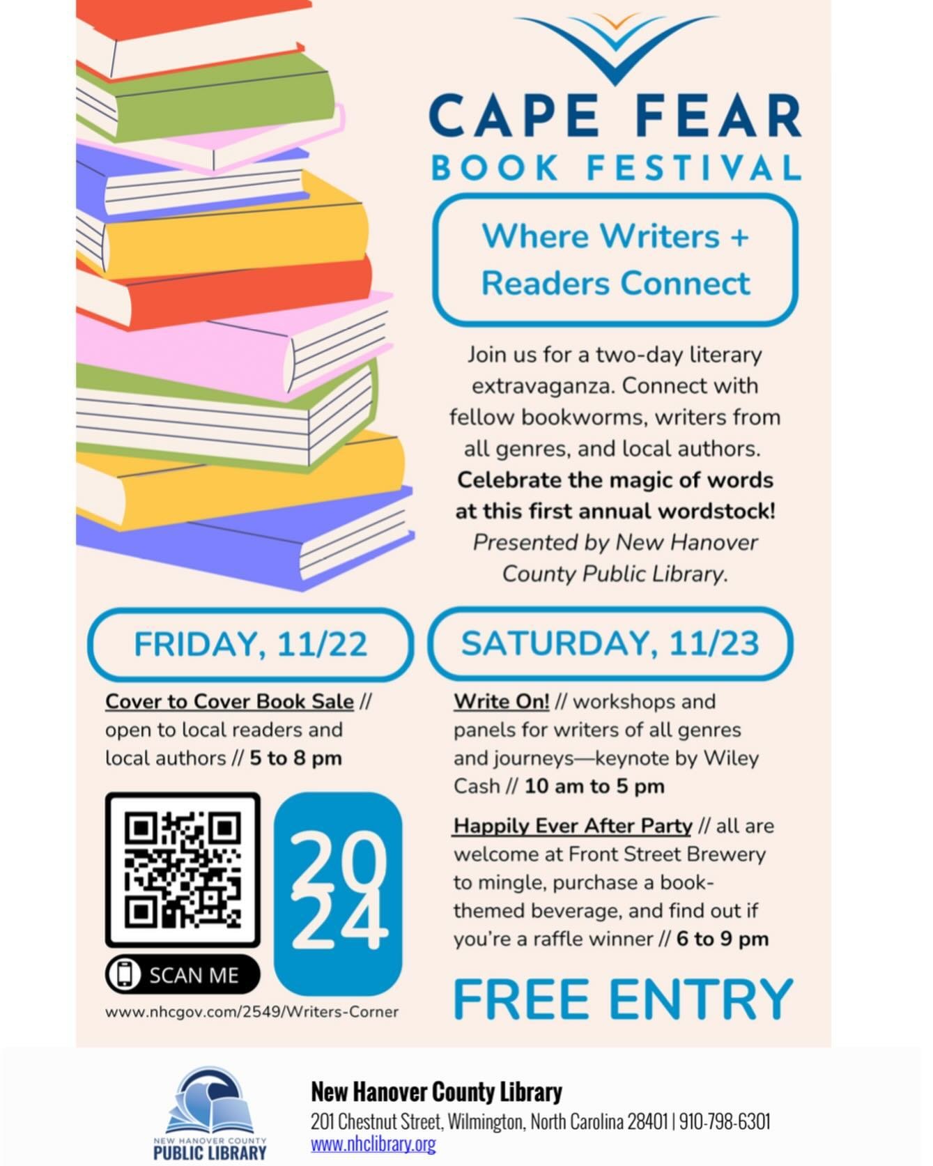 Excited to have been accepted to participate in the first annual CAPE FEAR BOOK FESTIVAL, hosted by the New Hanover County Library! 📚

I&rsquo;ll be at the Cover-to-Cover Book Sale, Friday night, November 22, 5-8 pm, at the main library at 201 Chest