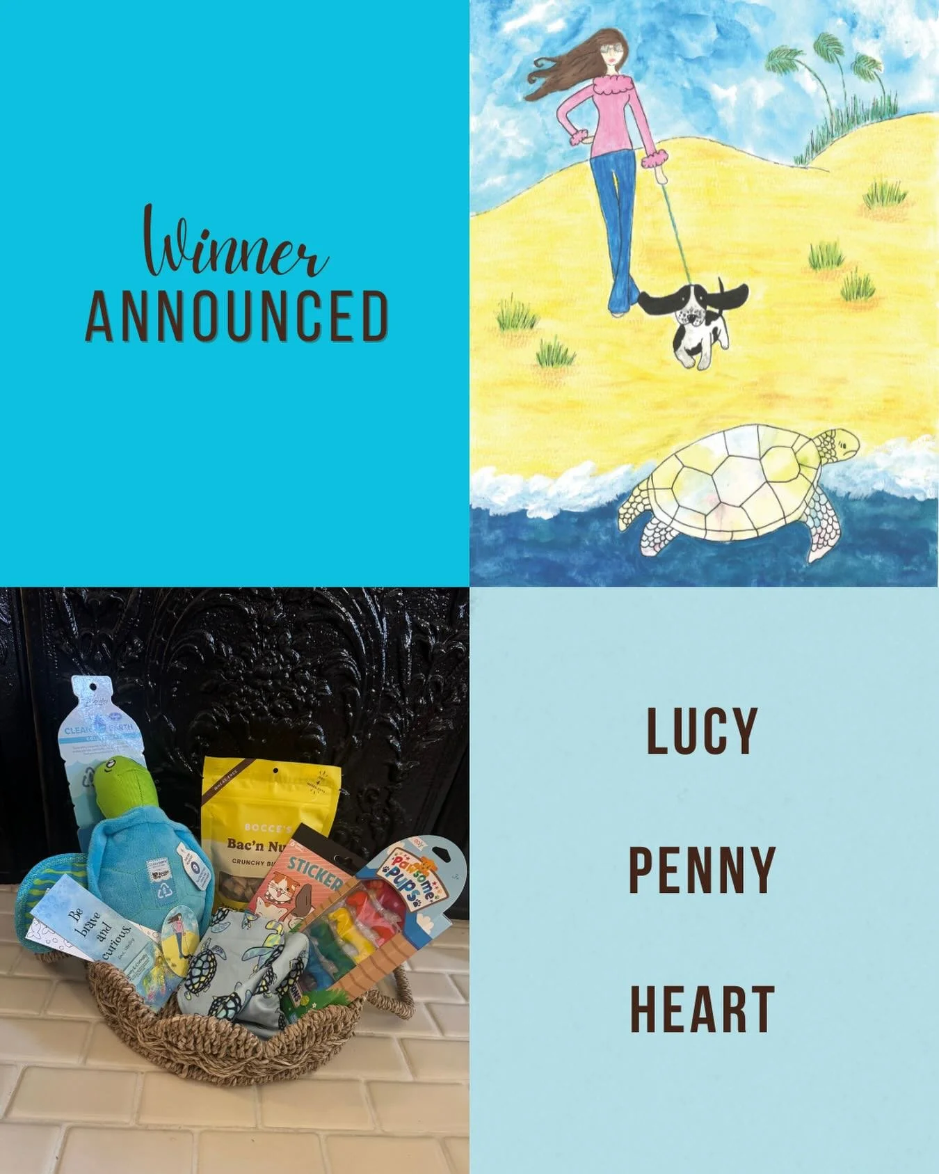 Congrats to Lucy, Penny, &amp; Heart! @amyrynlds  You girls are about to get some treats. No fighting over the toy &amp; bandana. 😋 🐾🐾🐾

xo, Bec &amp; Shelley 🌊🐢

#booklaunch #giveaway #curiosityseaturtlebook #childrensbook #childrensbookstagra