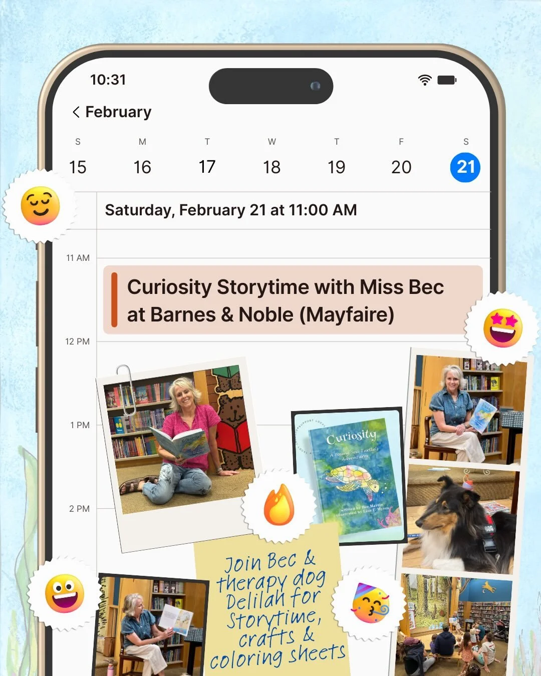 Storytime 📚 coming up at Barnes &amp; Noble! Get it on your calendar! 📆 @bn_mayfairetowncenter 

And look who is joining me!!! DELILAH!! 🐾🫶🏻 @sweetd_therapy @mama_claus_ 

I'll be reading my new book, Curiosity: A Young Sea Turtle's Adventures. 