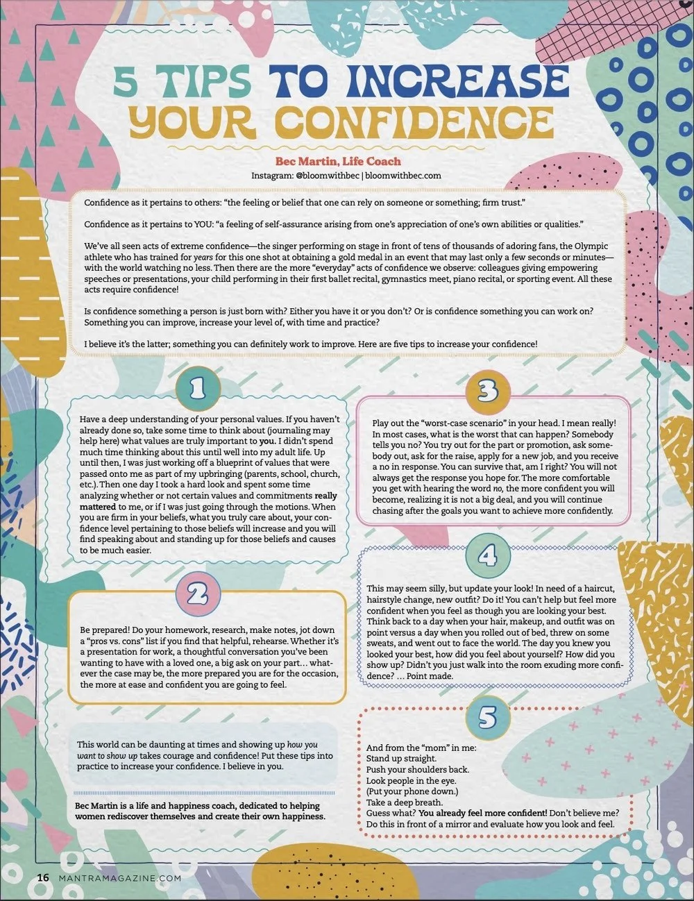 5 Tips to Increase Your Confidence by Bec Martin as featured in Mantra Wellness