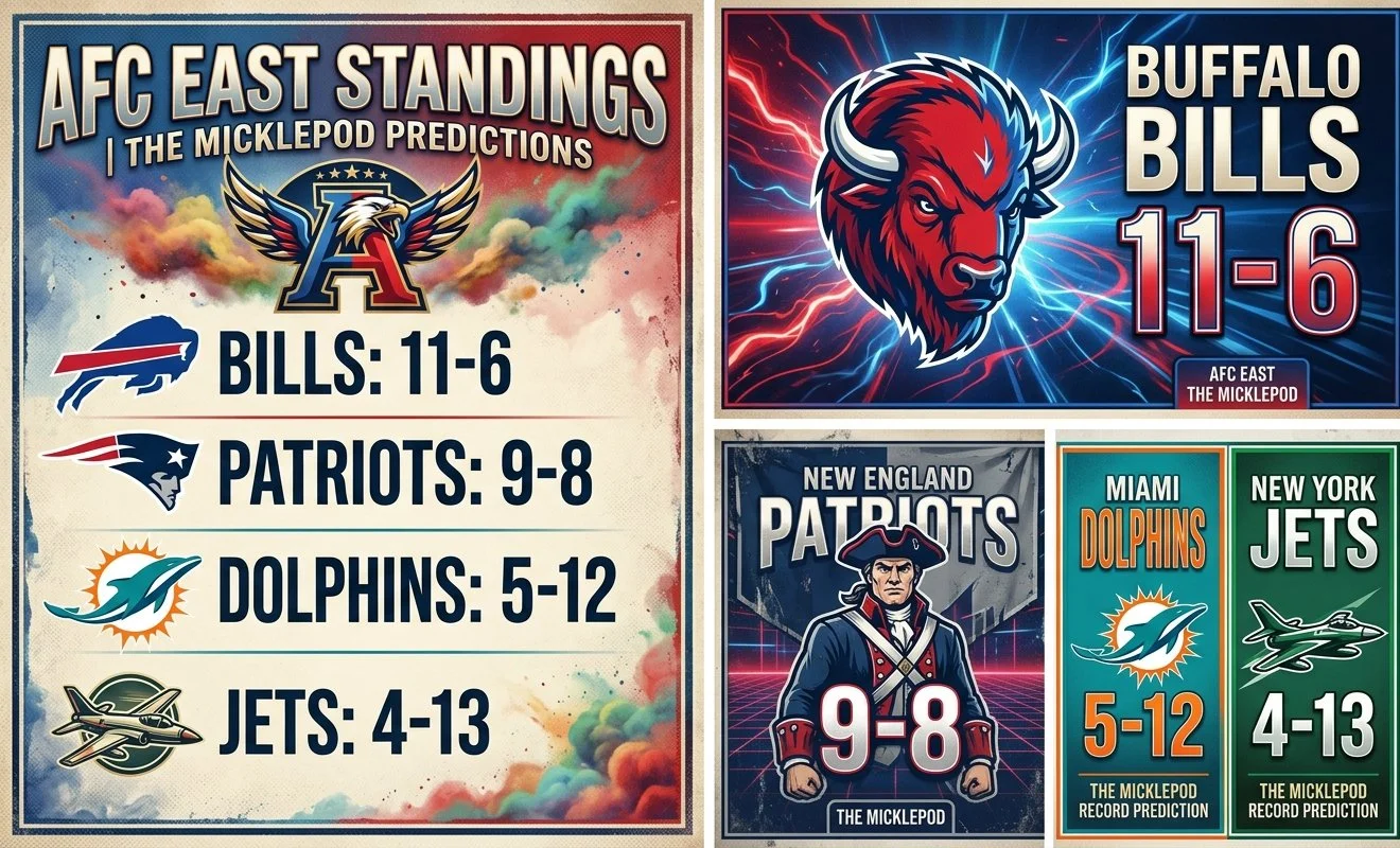 Graphic showing AFC East football standings predictions. The Buffalo Bills are predicted to have an 11-6 record, with a large graphic of a buffalo head. The New England Patriots predicted 9-8, depicted with a historical figure in a revolutionary war uniform. Miami Dolphins predicted 5-12, with a dolphin logo. New York Jets predicted 4-13, with a jet airplane logo.